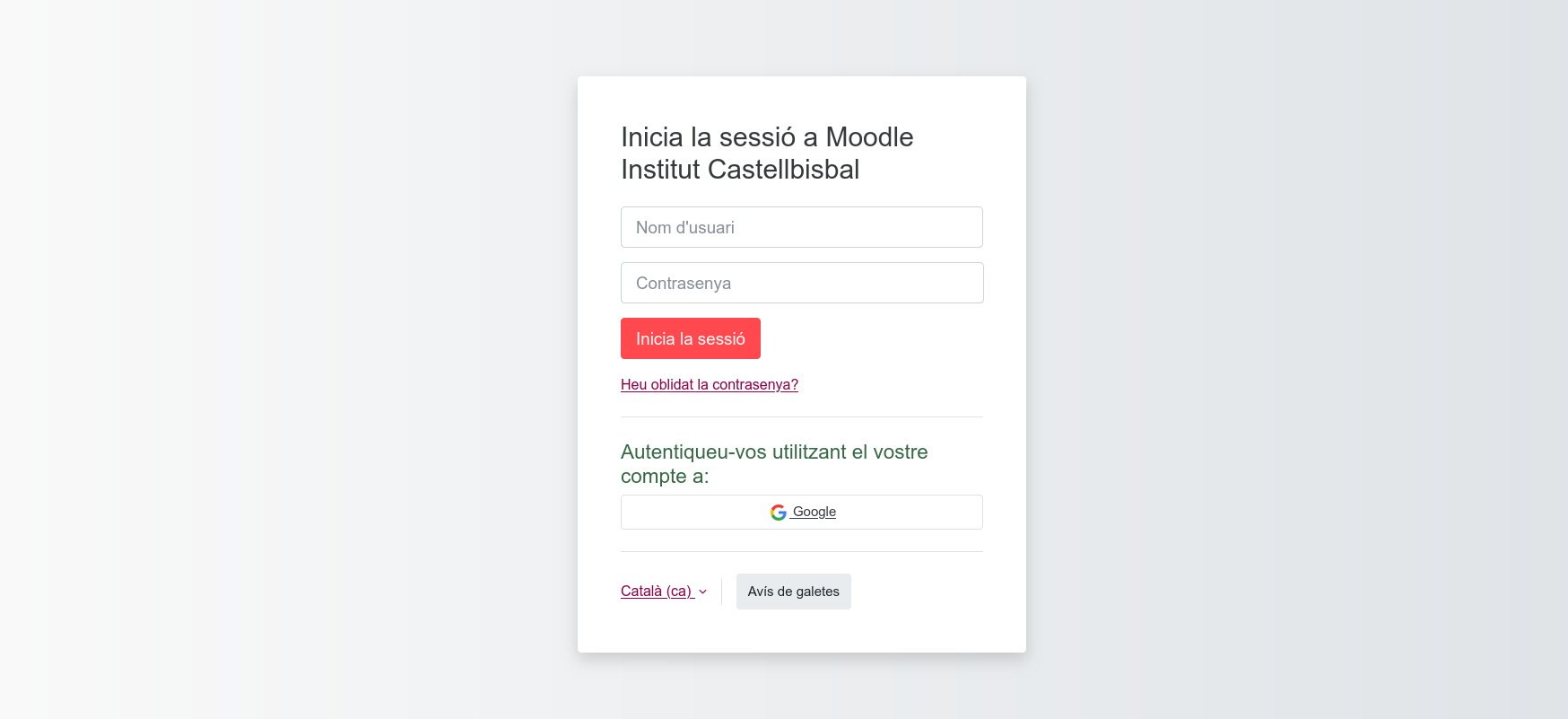 Pantalla d'inici de sessió del Moodle amb l'opció de Google