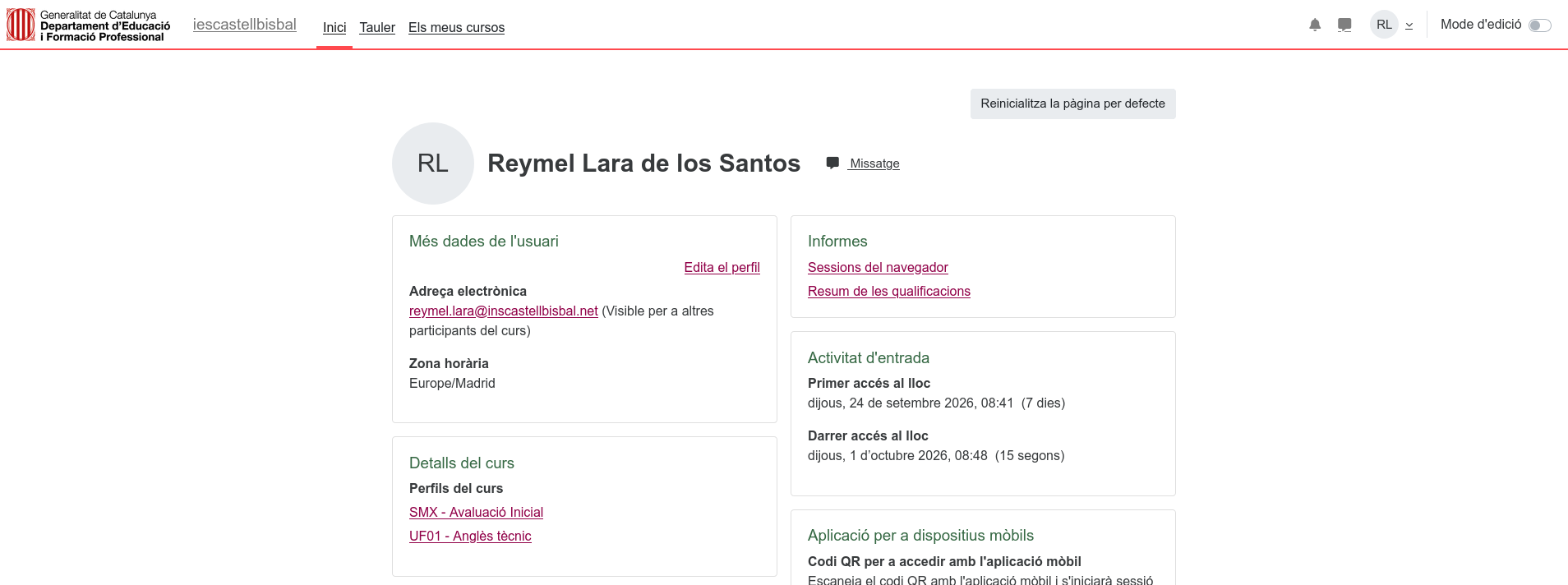 Perfil de Reymel Lara al Moodle amb la sessió iniciada