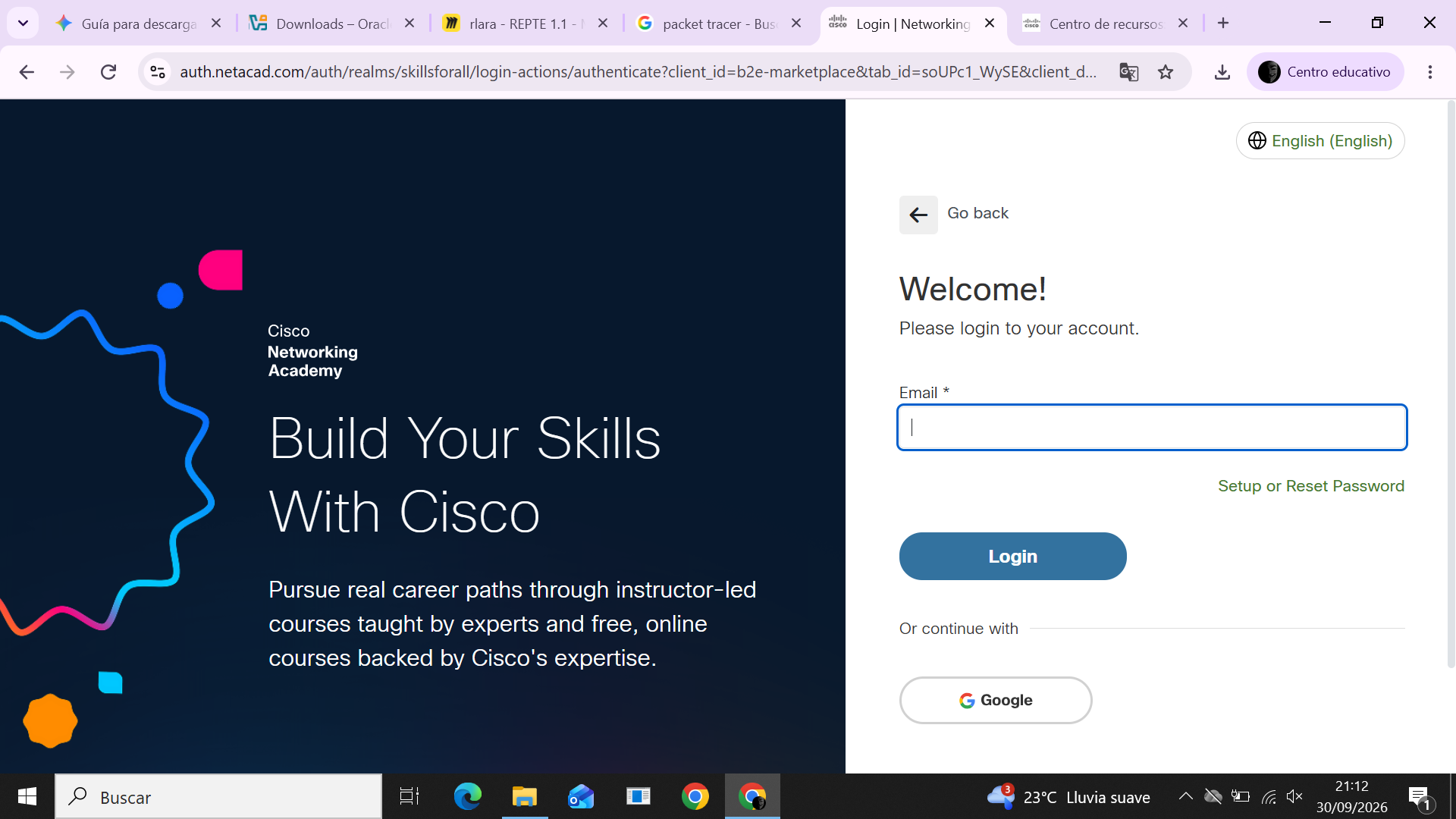 Pantalla d'inici de sessió de Netacad amb el correu professional